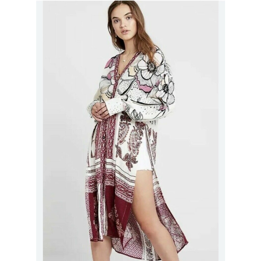 Free People Bohemian Floral Maxi Dress - Cream and Burgundy